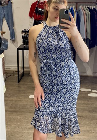 VINTAGE INSPIRED DRESS IN DARK BLUE WITH PARSLEY PRINT