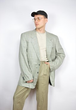 Vintage light green checkered classic 80's wool suit blazer