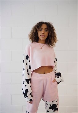 Pink Cow Print Patchwork Crop Sweater