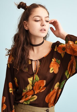 70'S RETRO BOHO KEYHOLE FLORAL PRINT BLOUSE TOP