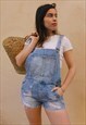 Light Wash Blue Distressed Denim Dungaree Overall Shorts