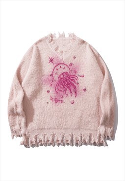 Medusa print jumper fluffy ripped sweater distressed top