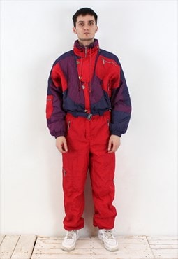 Vintage Men M Ski Suit Hooded Overalls Snowsuit Jumpsuit Red