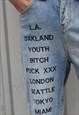 REWORKED CITY SLOGAN EMBROIDERED JEANS RIPPED DENIM OVERALLS