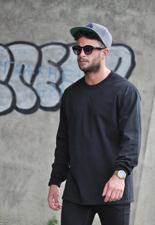 RETRO NEW PLAIN BLACK OVERSIZED LONG SLEEVE TSHIRT TOP