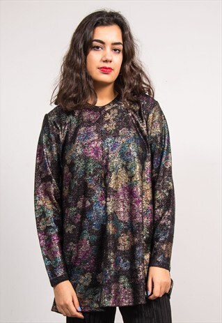 VINTAGE 90'S GLITTER FLORAL PATTERN LONG SLEEVE TOP