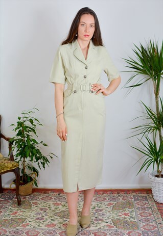 CASUAL COTTON DRESS VINTAGE 90'S FITTED MINIMALIST BEIGE M/L