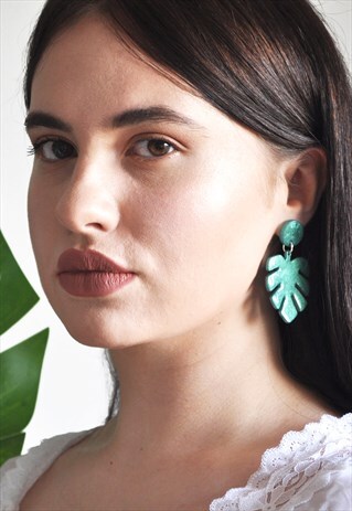 GREEN MONSTERA LEAF EARRINGS