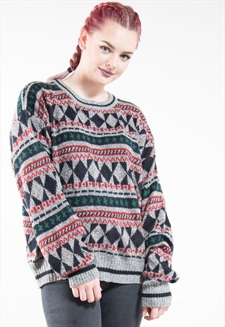 90'S PATTERNED KNIT CREW NECK GRUNGE JUMPER