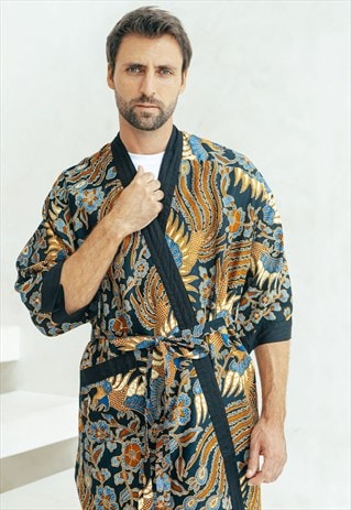 Men's Navy Cotton Kimono Robe Dressing Gown 