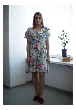 VINTAGE 80'S MULTI COLOUR FLOWER PATTERNED DRESS