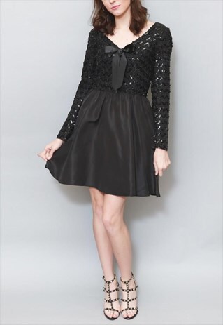 VINTAGE 1960'S BLACK SEQUIN BOW MINI DRESS