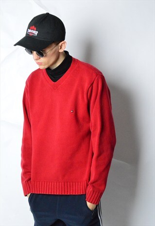 VINTAGE 90S RED KNIT V-NECK TOMMY HILFIGER JUMPER
