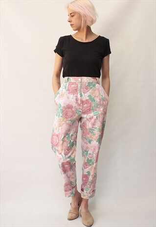 VINTAGE 80' UNIQUE FLOWER PASTEL PINK HIGH WAIST TROUSERS