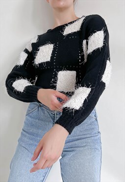 Vintage 90s Knitted Monochrome Squere Pattern Allover Jumper