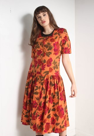 VINTAGE 80'S FLORAL PATTENED DRESS ORANGE