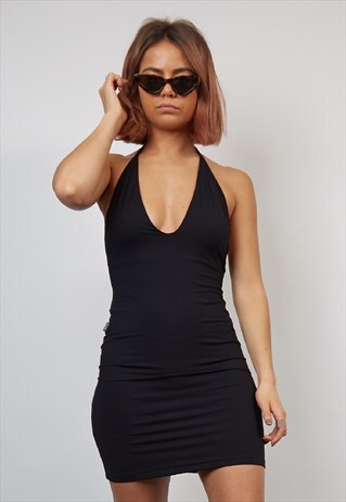 VINTAGE 90'S MOSCHINO BLACK PLUNGE HALTERNECK DRESS