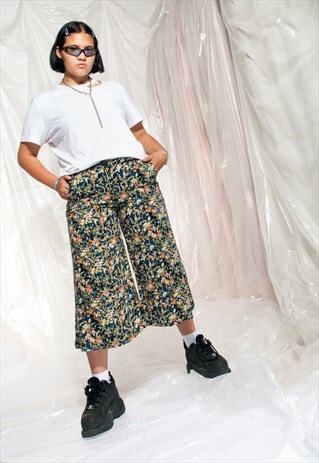 VINTAGE WIDE-LEG TROUSERS 90S PALAZZO PANTS FLORAL CULOTTES