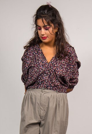 VINTAGE 70'S FLORAL PRINT BOHO V-NECK COLLAR TOP BLOUSE