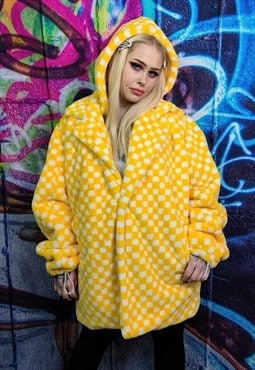 Chequerboard fleece jacket handmade 2 in 1 check coat yellow