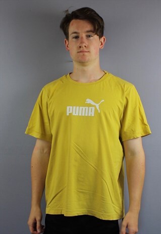 VINTAGE PUMA T SHIRT IN YELLOW WITH PRINTED PUMA LOGO. SIZE