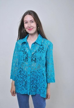 Vintage blue transparent blouse, retro summer shirt 