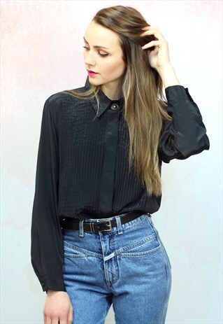 1980S VINTAGE JET BLACK SILKY BUTTON UP BLOUSE