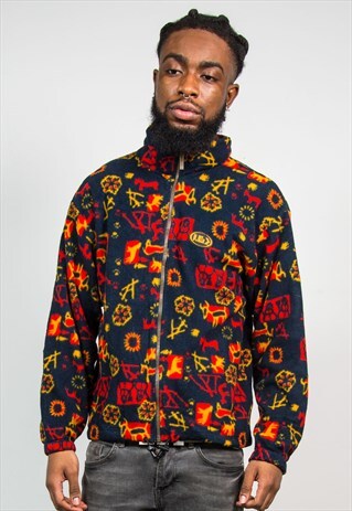VINTAGE 90'S NAVY BLUE WINTER PATTERN FLEECE JACKET