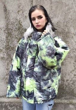 Gradient space print parka tie-dye print bomber coat green