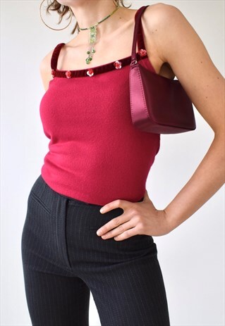 VINTAGE 90S VELVET TRIM SQUARE NECK BEADED KNIT CAMI TOP