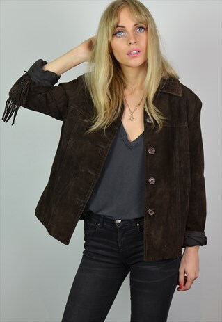VINTAGE 70S DARK BROWN SUEDE FRINGE JACKET