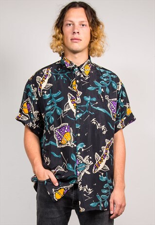 90'S VINTAGE BLACK BRIGHT FISH PATTERN FESTIVAL SILK SHIRT