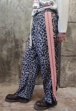 Leopard print joggers side zip y2k overalls in grey pink