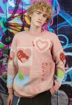 Heart sweater retro love print jumper 90s vibe top in pink