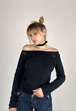Vintage 2000s Grunge Boat Neck Ripped Top