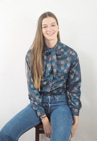 VINTAGE BLUE AND GREY PUSSY BOW BLOUSE