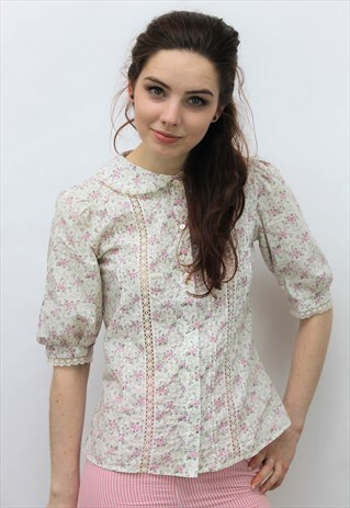 VINTAGE 1980S LAURA ASHLEY CREAM FLORAL BLOUSE