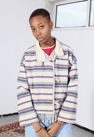 VINTAGE BLUE, ORANGE AND CREAM STRIPED TASSLED JACKET
