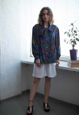 VINTAGE 80'S MULTI COLOUR ABSTRACT PRINT BOW BLOUSE