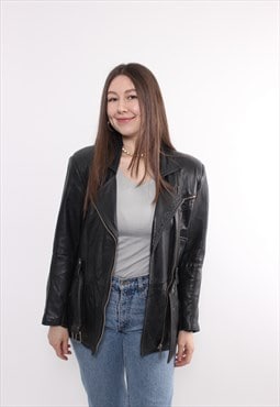 90s leather motorcycle jacket, vintage black rock jacket