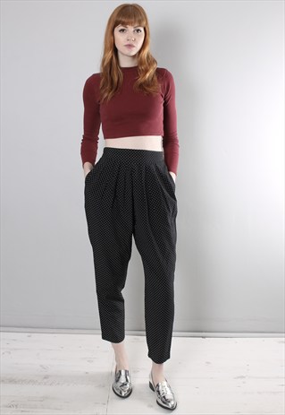 VINTAGE 80S BLACK POLKA DOT PLEAT FRONT CROPPED TROUSERS