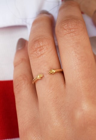 GOLD OPEN RING WITH HUG HANDS HANDMADE