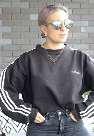 VINTAGE 1990S ADIDAS BLACK OVERSIZED 3 STRIPE SWEATSHIRT