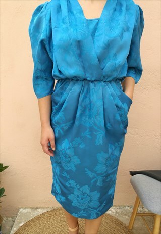 VINTAGE 80S PUFF SLEEVES MIDI BODYCON PENCIL DRESS IN BLUE