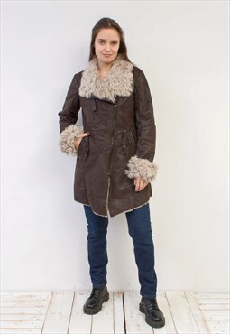 Vintage Women's S Faux Suede Fur Jacket Coat Afghan Brown