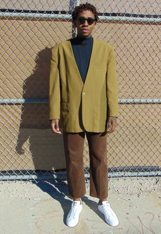 80S MINIMALIST BROWN LAPEL LESS SINGLE BREASTED BLAZER XL