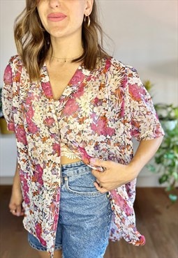 1980s vintage purple and pink sheer floral puffsleeve blouse