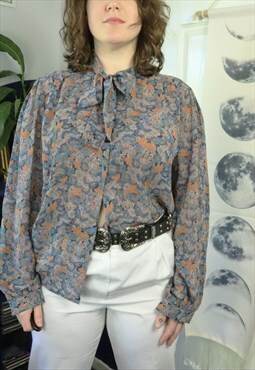 Retro 70s Blue Floral Flowery Flower Print Shirt Bow Blouse