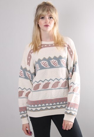 VINTAGE 80S PATTERNED TEXTURED KNIT OVERSIZE JUMPER