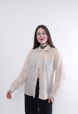 Beige secretary blouse, 80s sheer formal blouse, Size L